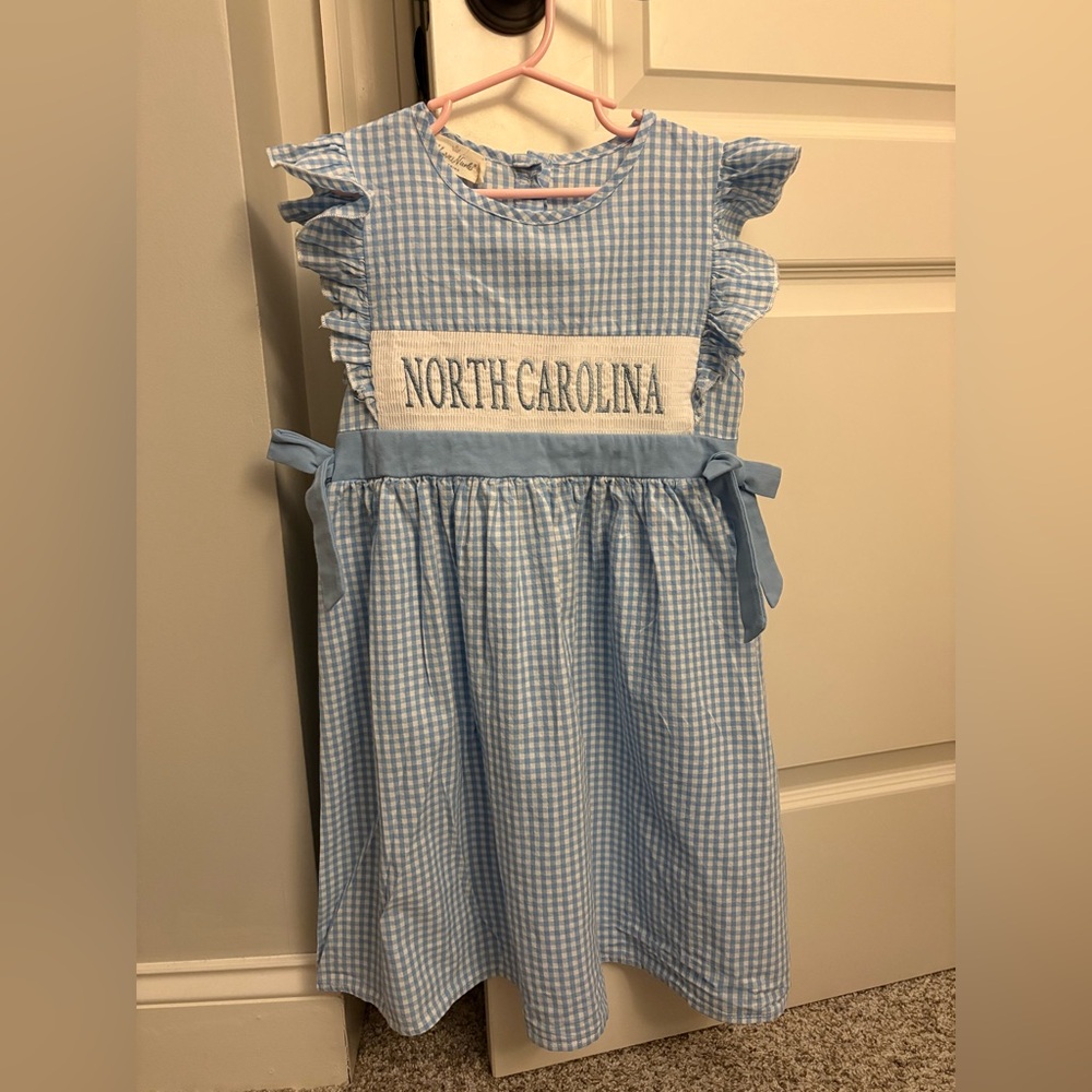 Blue Gingham Smock Dress with North Carolina Embroidery